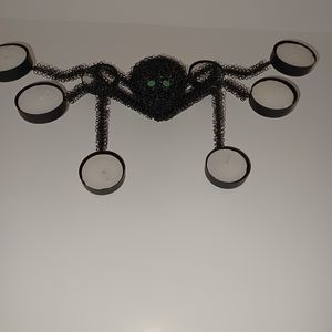 Halloween Spider candle holder tea light votive black and green eyes metal 12"